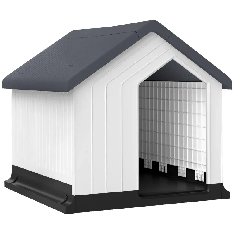 Hundehütte wetterfest – Fenster, Tür, kleine Hunde, Grau/Weiss