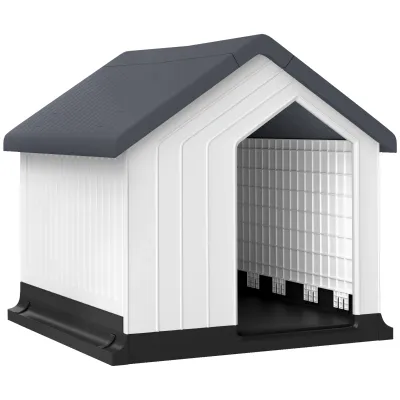 Hundehütte wetterfest – Fenster, Tür, kleine Hunde, Grau/Weiss