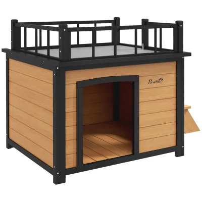 Hundehütte, Katzenhaus mit Dachterrasse, wetterfest, Holz, Schwarz/Gelb