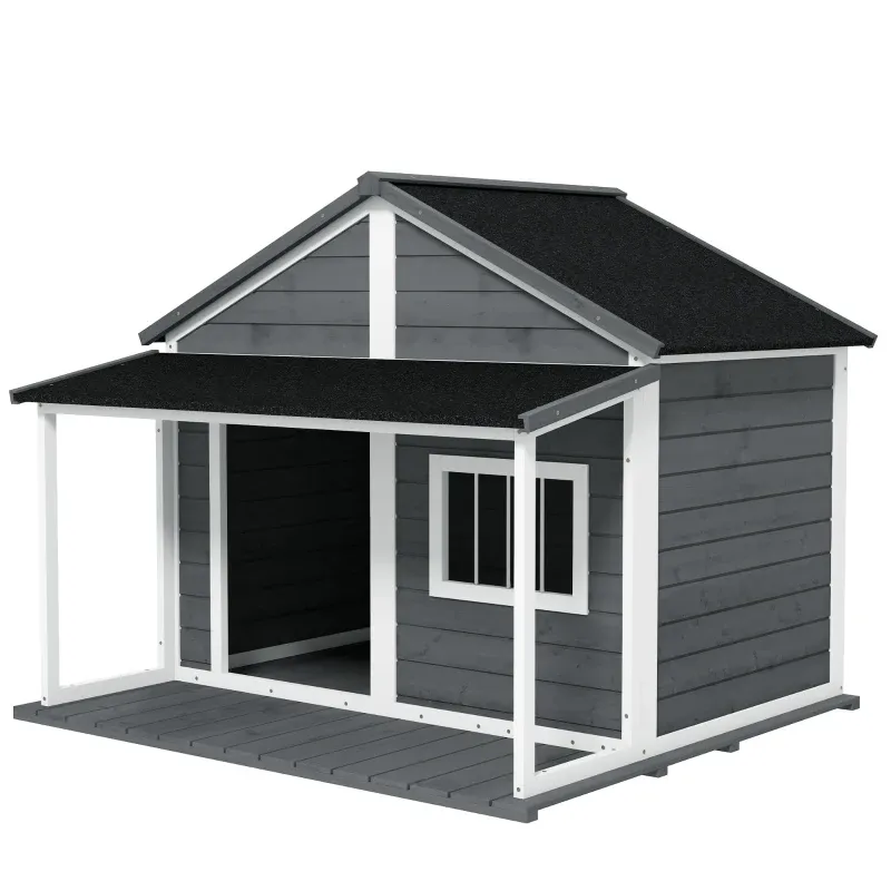 Outdoor-Hundehütte, inkl. Veranda, wetterbeständig, 124 cm x 112 cm x 105 cm, Grau + Weiss