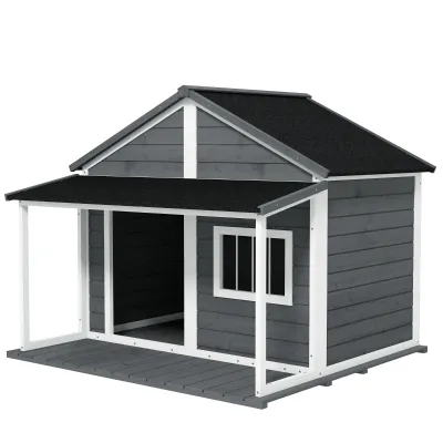 Outdoor-Hundehütte, inkl. Veranda, wetterbeständig, 124 cm x 112 cm x 105 cm, Grau + Weiss