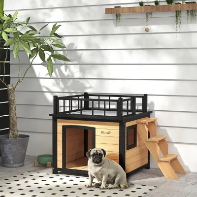 Hundehütte, Katzenhaus mit Dachterrasse, wetterfest, Holz, Schwarz/Gelb