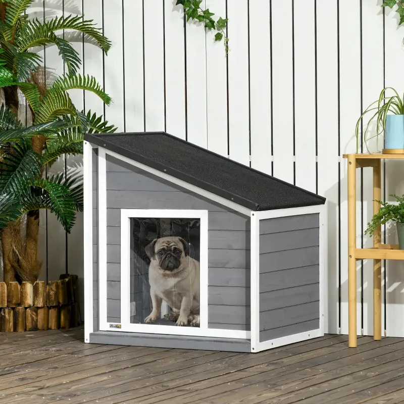 Hundehütte Massivholz – wetterbeständig, Asphaltdach, Grau/Weiss