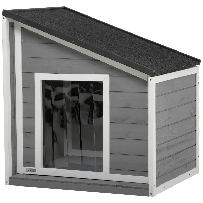 Hundehütte aus Massivholz, wetterbeständig, Asphaltdach, Grau + Weiss