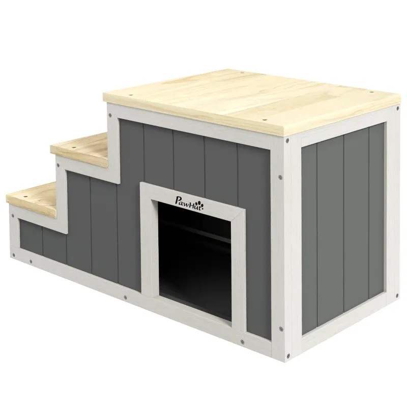 2-in-1 Katzentreppe, Hundetreppe, Hundehütte Natur + Weiss