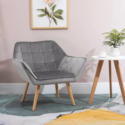 Relaxsessel im Skandi‑Design, gesteppter Samt, Grau – Kautschukholz, 67 x 61,5 x 71 cm, 120 kg