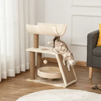 Kratzbaum Katzenbaum, inkl. Spielzeug und Katzenbett, 60 cm x 30 cm x 76 cm, Creme + Natur