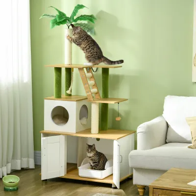 2in1 Kratzbaum Katzenbaum, inkl. Schrank für Katzentoilette, 1 Katzenhöhle, 80 x 48 x 160cm, 1 Leiter, Eiche + Weiss