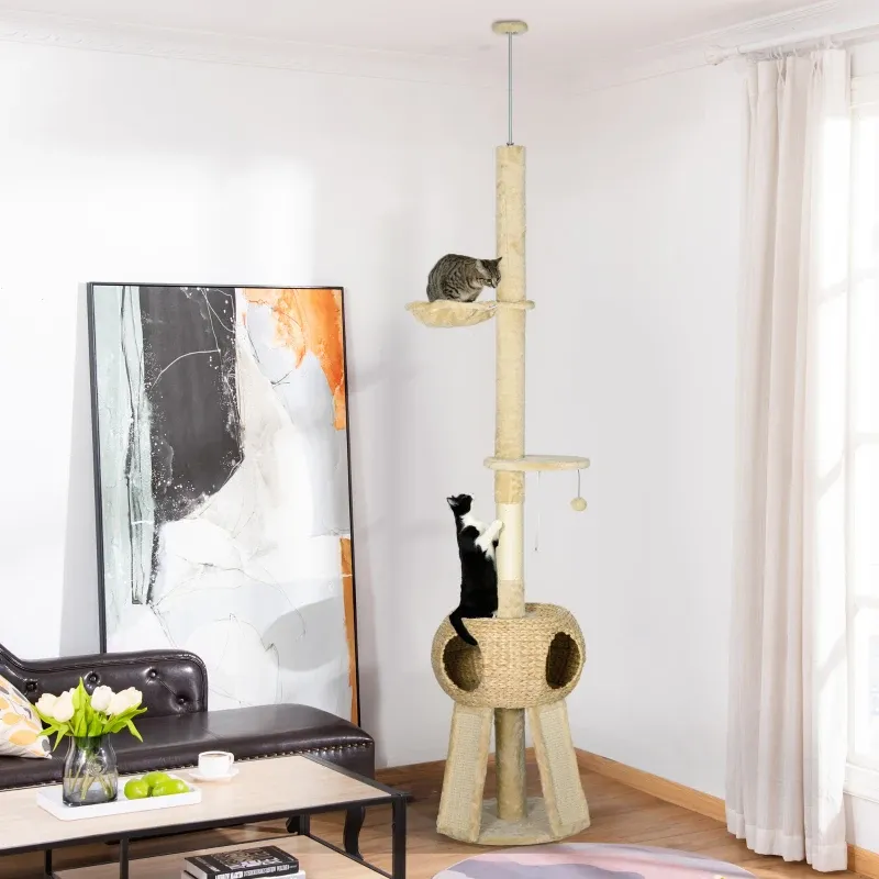 Kratzbaum deckenhoch Katzenbaum, 1 Katzenhöhle, 1 Katzenhängematte, 1 Liegefläche, Natur + Beige