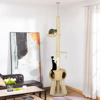Kratzbaum deckenhoch Katzenbaum, 1 Katzenhöhle, 1 Katzenhängematte, 1 Liegefläche, Natur + Beige