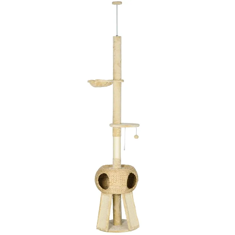 Katzenbaum Deckenhoch 255 cm – Höhle, Hängematte, Liegefläche, Natur/Beige