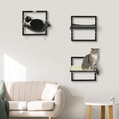 Kletterwand für Katzen im Industriedesign, 1 Hängematte, 2 Plattformen, Schwarz + Natur
