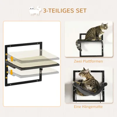 Kletterwand für Katzen im Industriedesign, 1 Hängematte, 2 Plattformen, Schwarz + Natur