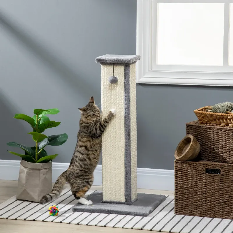 Kratzbaum Katzenbaum, inkl. Spielball, Plüsch, Sisal, 41 cm x 41 cm x 81 cm, Creme + Grau