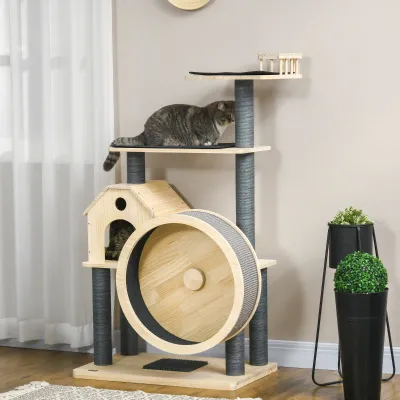 Katzenbaum mit Laufrad 4-Etagen Kratzbaum Katzenhaus mit Sisalsäulen Massivholz