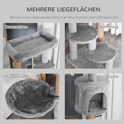 Kratzbaum, Katzenbaum, 1 Katzenhöhle, Katzenbett, 1 Hängematte, inkl. Spielzeug, Hellgrau
