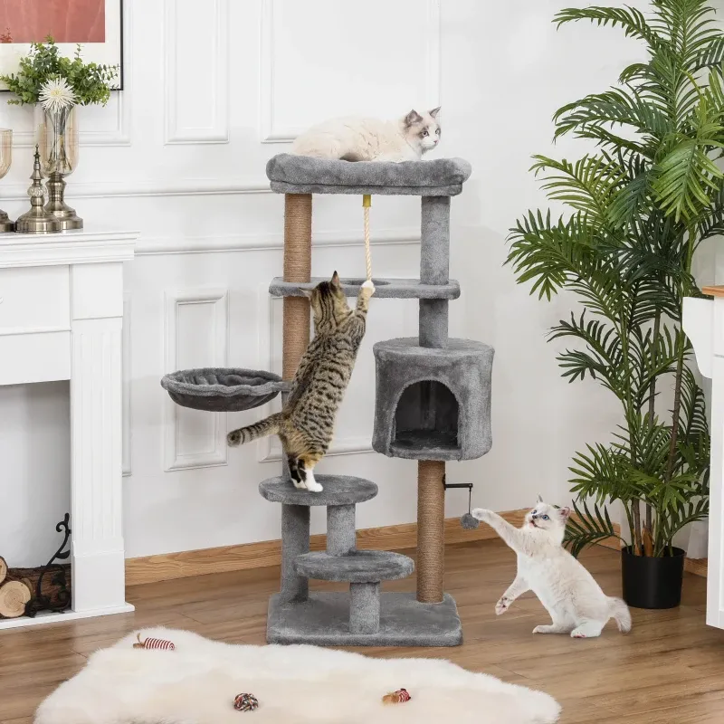 Kratzbaum, Katzenbaum, 1 Katzenhöhle, Katzenbett, 1 Hängematte, inkl. Spielzeug, Hellgrau