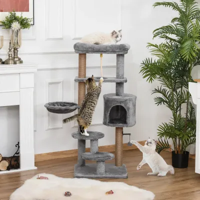 Kratzbaum, Katzenbaum, 1 Katzenhöhle, Katzenbett, 1 Hängematte, inkl. Spielzeug, Hellgrau