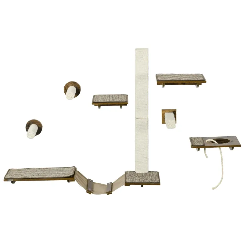 Katzentreppen-Set Kletterwand 8-teilig – robust, Braun/Cremeweiss