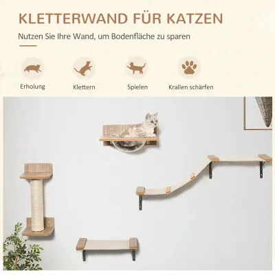 Kletterwand Katzen 4-teilig – Hängematte, Kratzbaum, Sprungplattform, Hellbraun