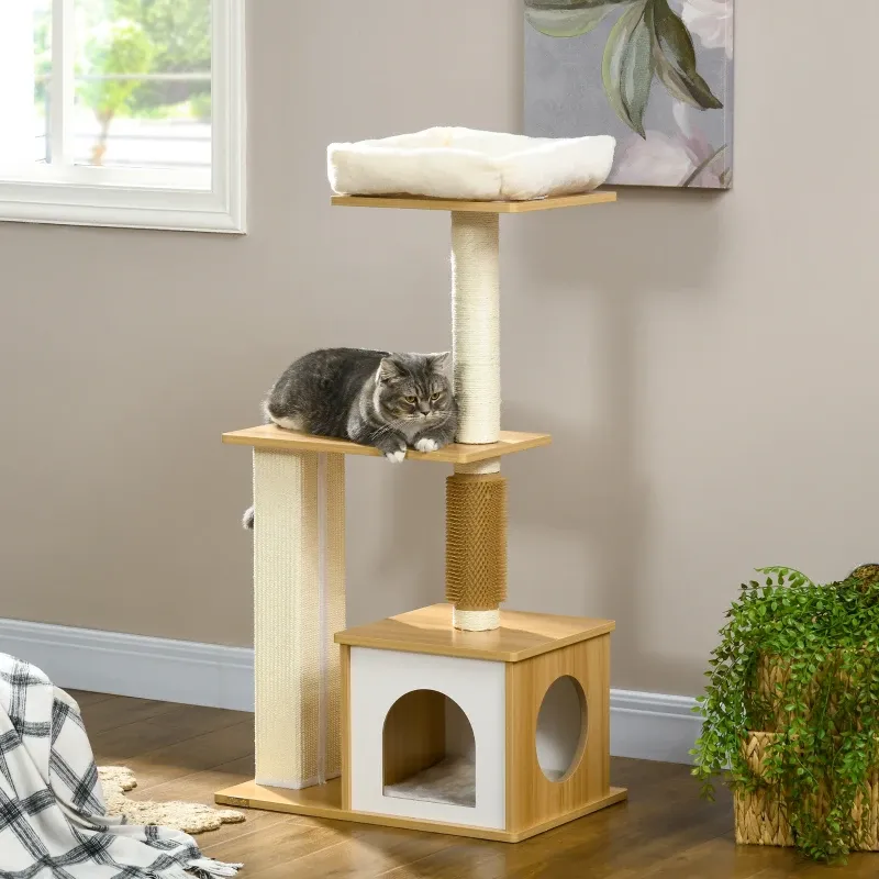 Kratzbaum Katzenbaum Katzenhöhle, 1 Katzenbett, 1 Liegefläche, 59,5 cm x 39,5 cm x 114 cm, Braun + Weiss