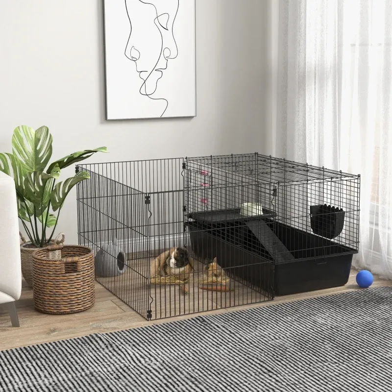 Kleintierkäfig mit abnehmbaren Gehege, Laufgitter mit Stall, inkl. Zubehör, Schwarz