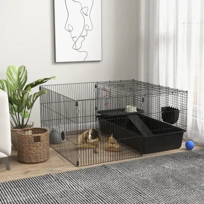 Kleintierkäfig mit abnehmbaren Gehege, Laufgitter mit Stall, inkl. Zubehör, Schwarz