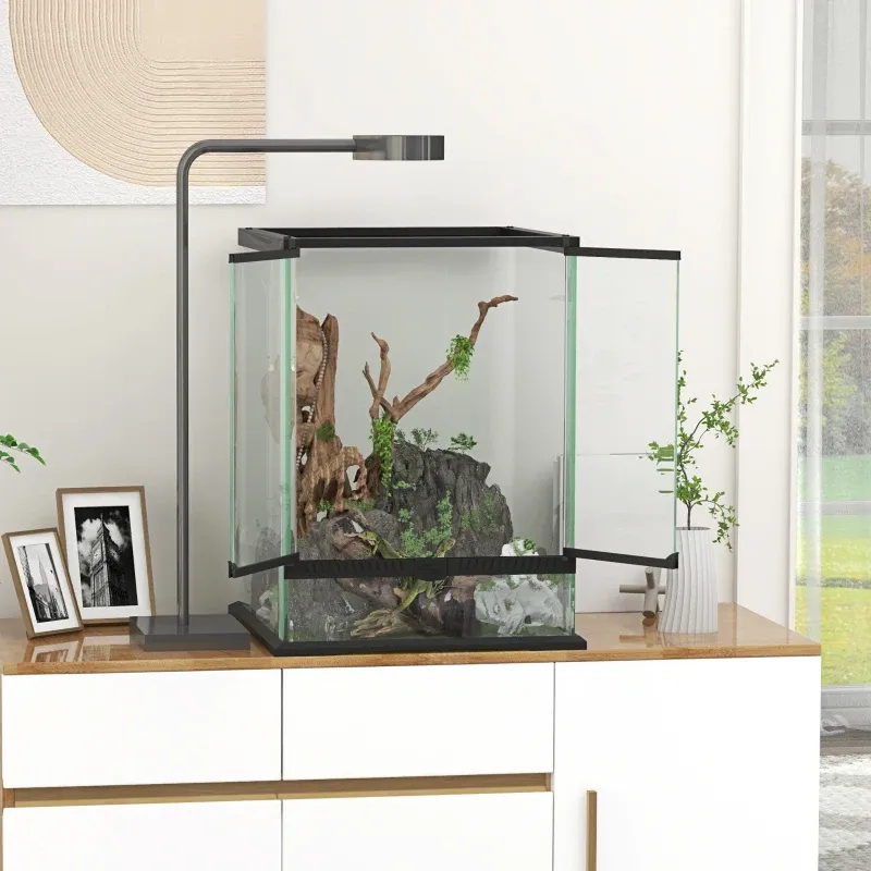 Glas-Terrarium 45x45x60 cm, 120 L mit verriegelbarem Maschendrahtdeckel & Kabelmanagement