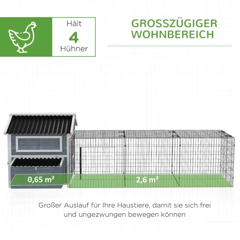 Hühnerhaus Hühnerstall Kleintierstall, wetterbeständig, inkl. Nistkasten, 334 x 150 x 108 cm, Dunkelgrau + Weiss- auch als Hasenstall verwendbar
