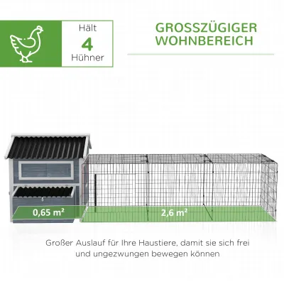 Hühnerhaus Hühnerstall Kleintierstall, wetterbeständig, inkl. Nistkasten, 334 x 150 x 108 cm, Dunkelgrau + Weiss- auch als Hasenstall verwendbar