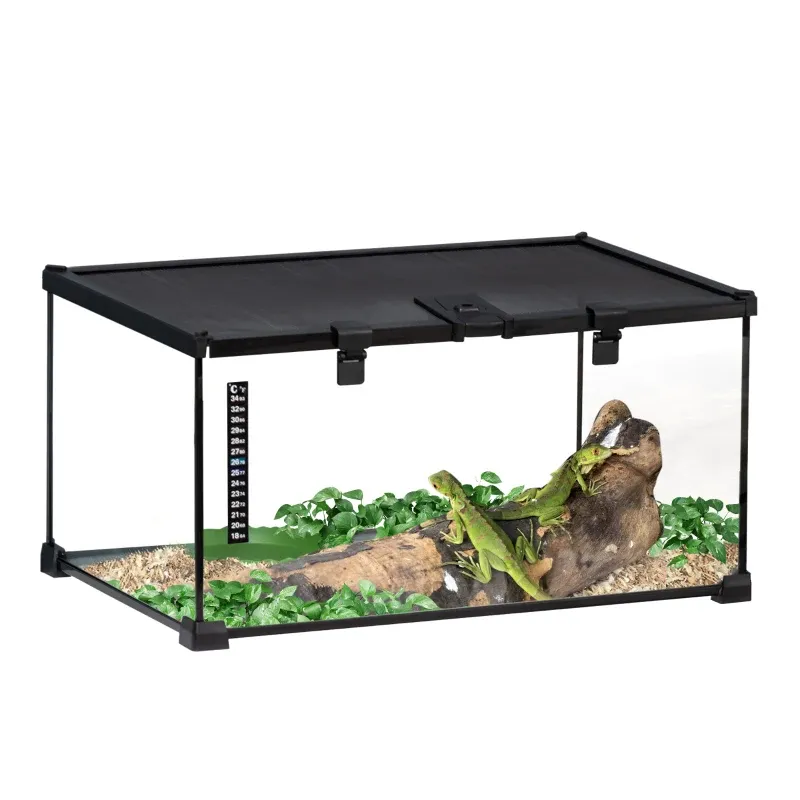 Starter-Set Glas-Terrarium inkl. Streifenthermometer, Fütterungsklappen, 50 cm x 30 cm x 25 cm, Glas + Metall, Schwarz