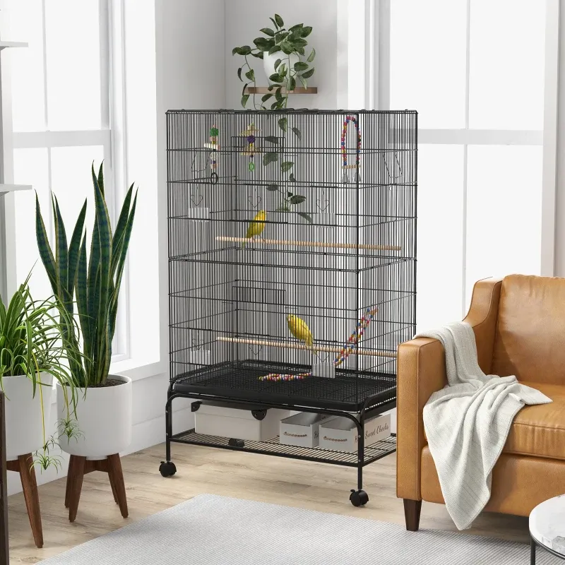 Vogelkäfig Vogelbauer Vogelvoliere Vogelkäfig inklusive Sitzstangen, Vogelspielzeug, herausnehmbare Bodenwanne, Schwarz