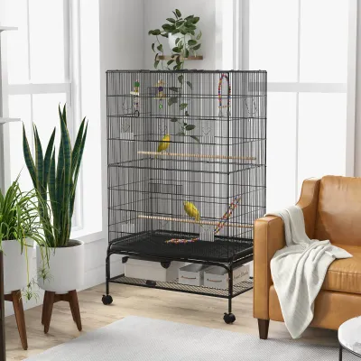 Vogelkäfig Vogelbauer Vogelvoliere Vogelkäfig inklusive Sitzstangen, Vogelspielzeug, herausnehmbare Bodenwanne, Schwarz