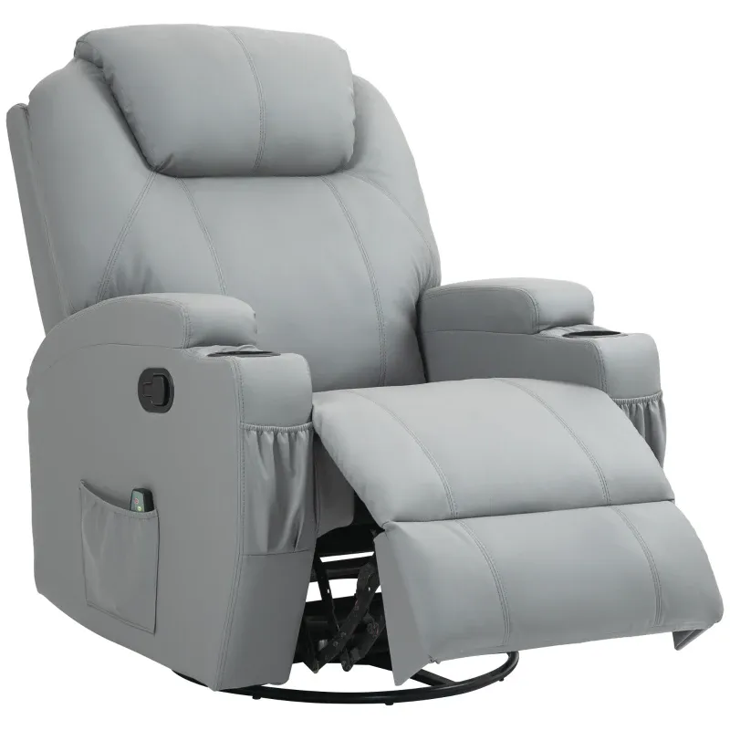 Massagesessel, elektrisch verstellbar, 8 Vibrationspunkte, Becherhalter, Hellgrau