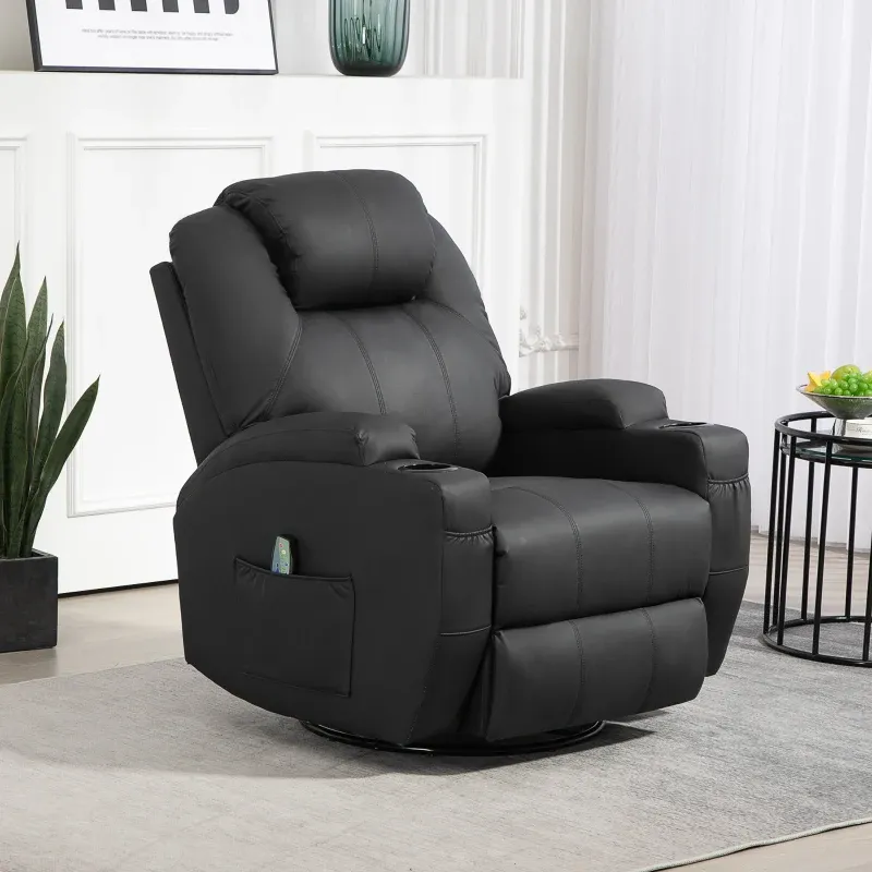 Relaxsessel mit Massagefunktion, neigbare Lehne, drehbar, bis 150 kg, Kunstleder, Schwarz