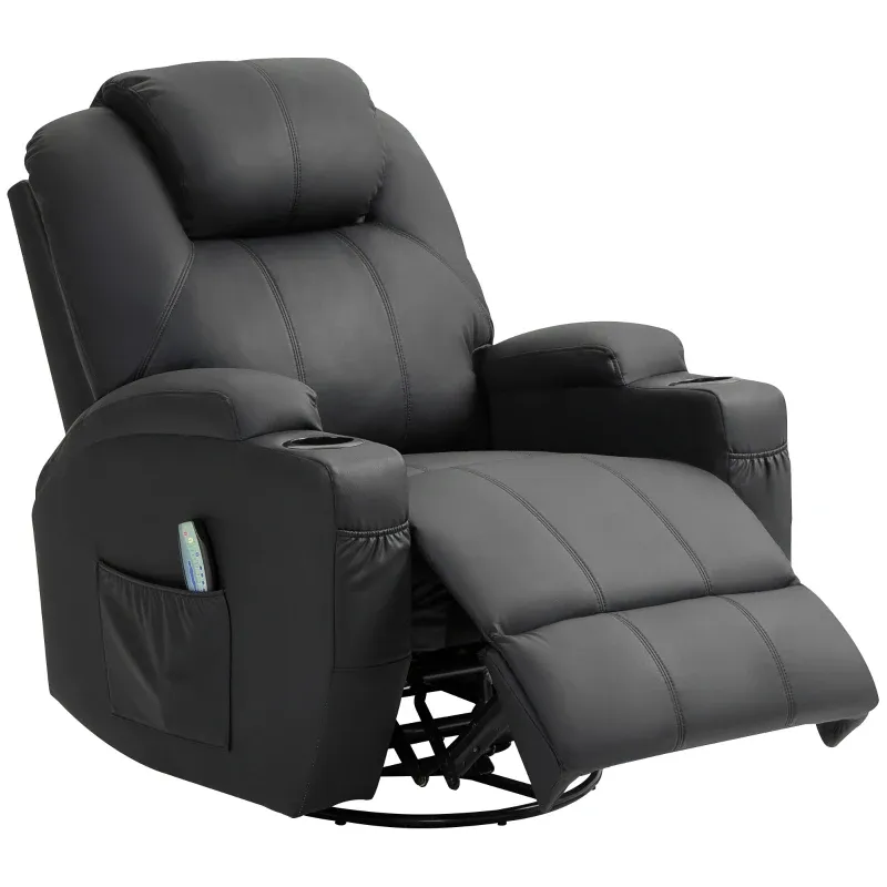 Massagesessel – Schwarz | 8 Punkte, 135° Liege, 360° drehbar, Schaukel, Becherhalter