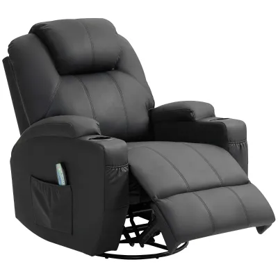 Massagesessel – Schwarz | 8 Punkte, 135° Liege, 360° drehbar, Schaukel, Becherhalter
