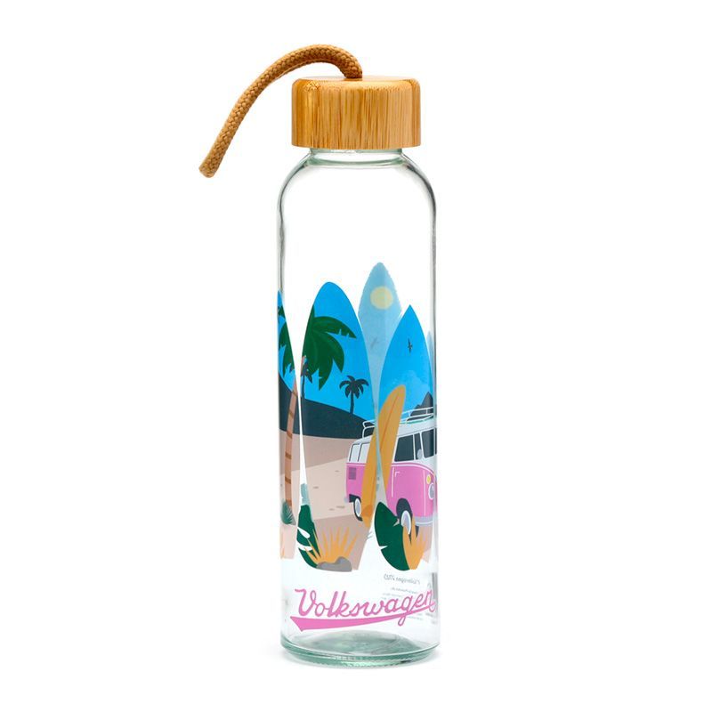 Volkswagen VW T1 Bulli Waves Wasserflasche - Glas &amp; Bambus