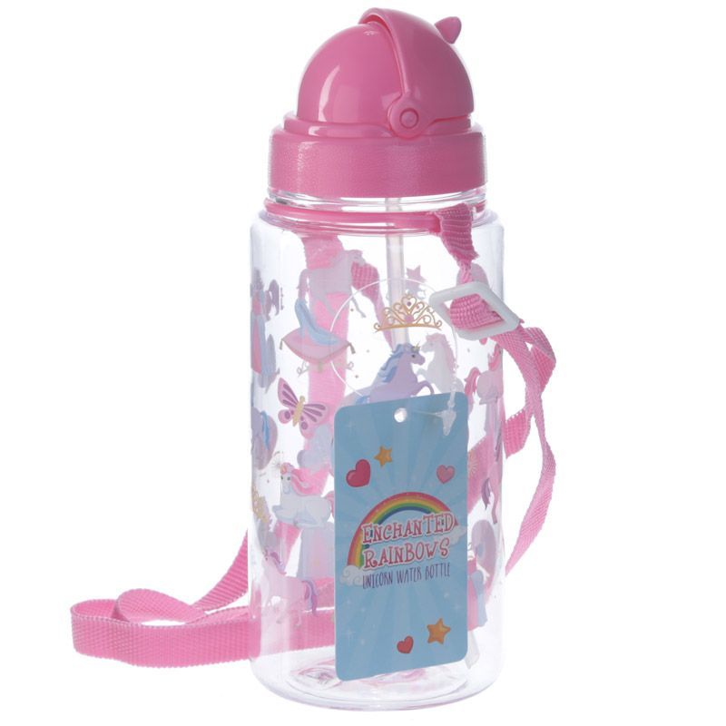 Einhorn Kinder Wasserflasche mit Flip-Strohhalm &amp; Tragekordel 450ml