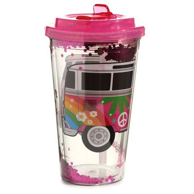 Volkswagen VW T1 Bulli Summer Becher mit Flip-Strohhalm &amp; Deckel 500ml
