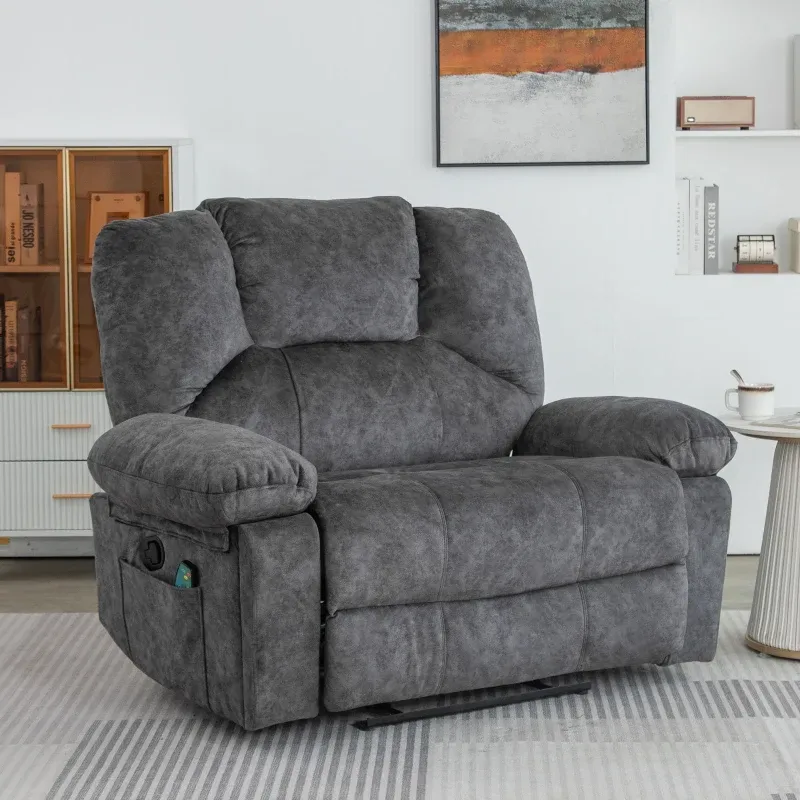 Extrabreiter manueller Massagesessel mit Heizfunktion, Massage, Seitentaschen und Getränkehalter, 115×68×105 cm, grau
