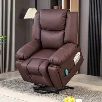 Komfortabler PU-Leder-Power-Aufstehsessel mit Massage, Heizfunktion, Seitentaschen, Getränkehaltern, Stehhilfe, 85×75×103 cm, Braun