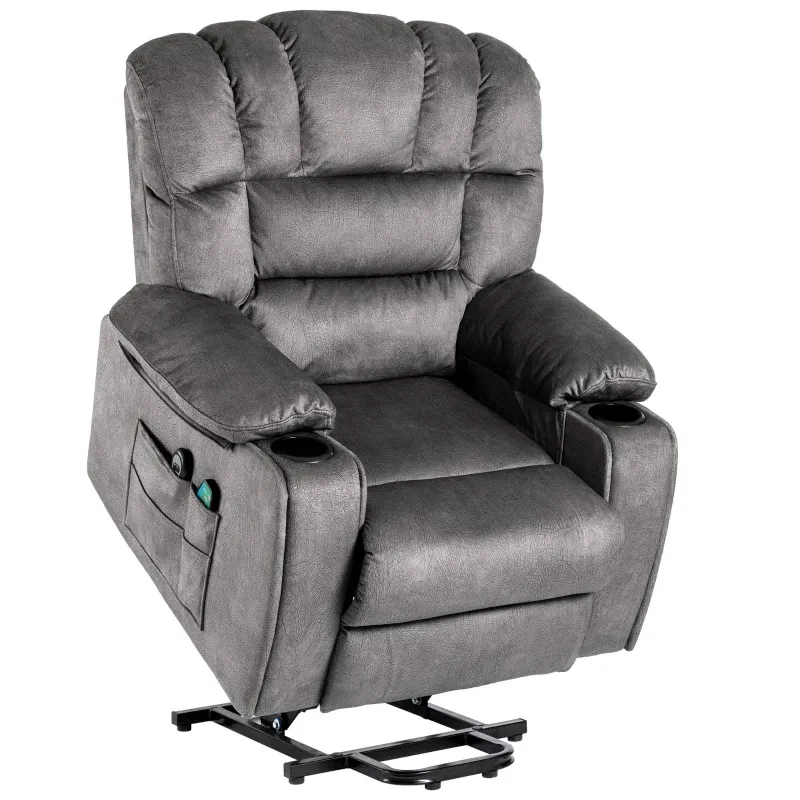 Elektrischer Aufstehsessel, Massagesessel für ältere Menschen mit 2 Getränkehaltern, Seitentaschen und Fernbedienung, 84×100×105 cm, Grau