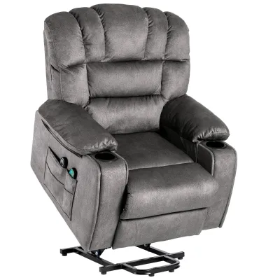 Elektrischer Aufstehsessel, Massagesessel für ältere Menschen mit 2 Getränkehaltern, Seitentaschen und Fernbedienung, 84×100×105 cm, Grau