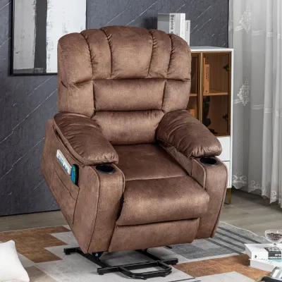 Elektrisch verstellbarer Aufstehsessel, Massagesessel für ältere Menschen mit 2 Getränkehaltern, Seitentaschen und Fernbedienung, 84×100×105 cm, Braun