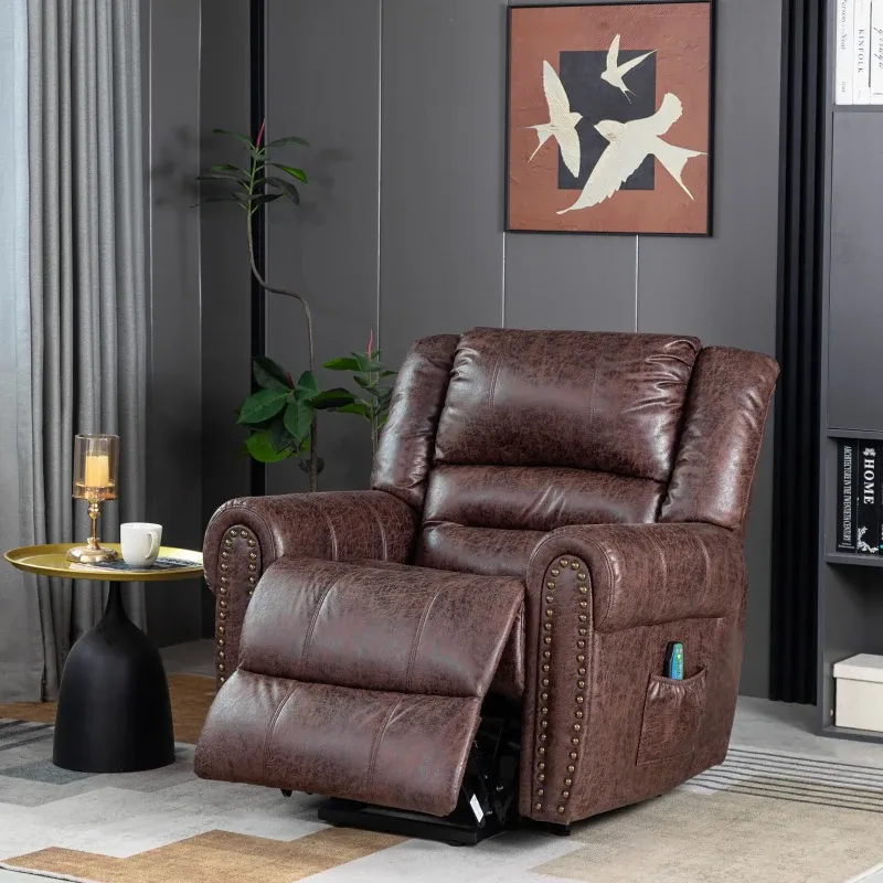 Chesterfield Massagesessel mit Aufstehhilfe, Liegefunktion, 2 Seitentaschen, Massage- und Heizfunktion, Liftautomatik, Braun