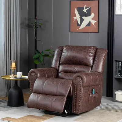 Chesterfield Massagesessel mit Aufstehhilfe, Liegefunktion, 2 Seitentaschen, Massage- und Heizfunktion, Liftautomatik, Braun