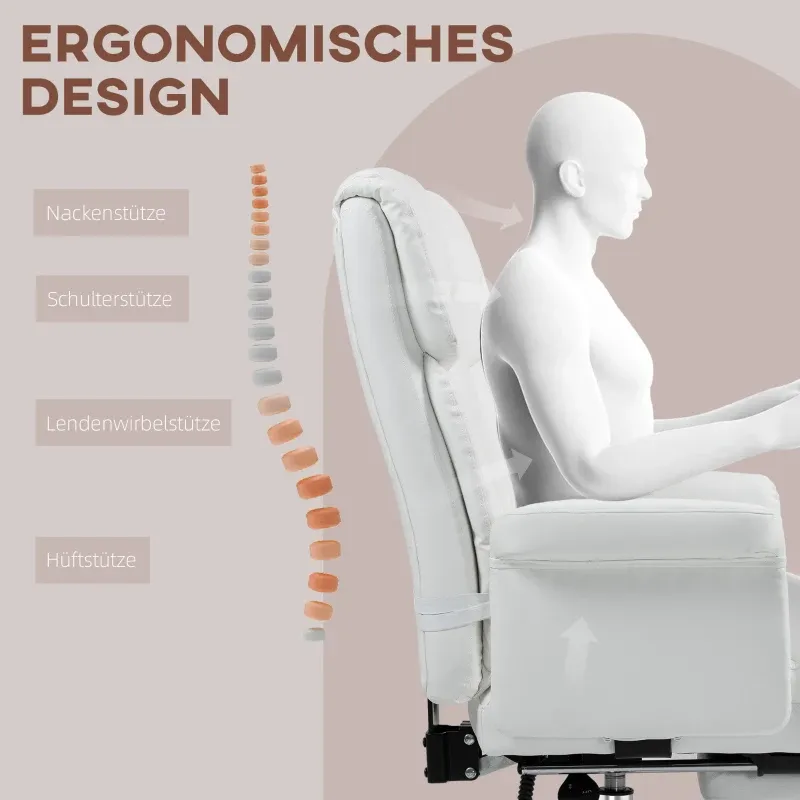 Ergonomischer Bürostuhl, höhenverstellbar 48-56 cm, neigbare Rückenlehne, Fußstütze, Weiss