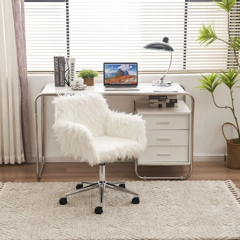 Verstellbarer Bürostuhl mit Drehfunktion, verschleissfestes Kunstpelzkissen, ergonomisches Design, 55,88×55,11×83,82 cm, Weiss