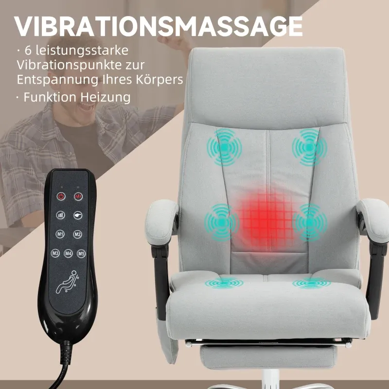 Bürostuhl mit Massagefunktion & Heizfunktion, Fussstütze, bis 120 kg, Grau